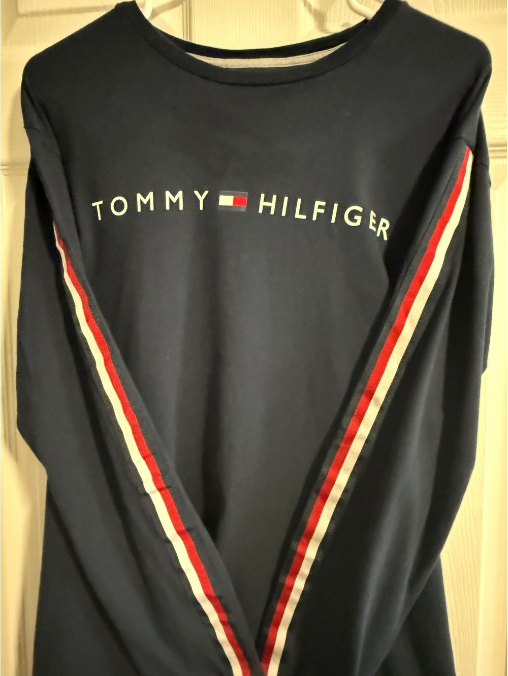 Tommy Hilfiger Mens L Navy Long Sleeve T Shirt Logo Sleeve Stripe Tape